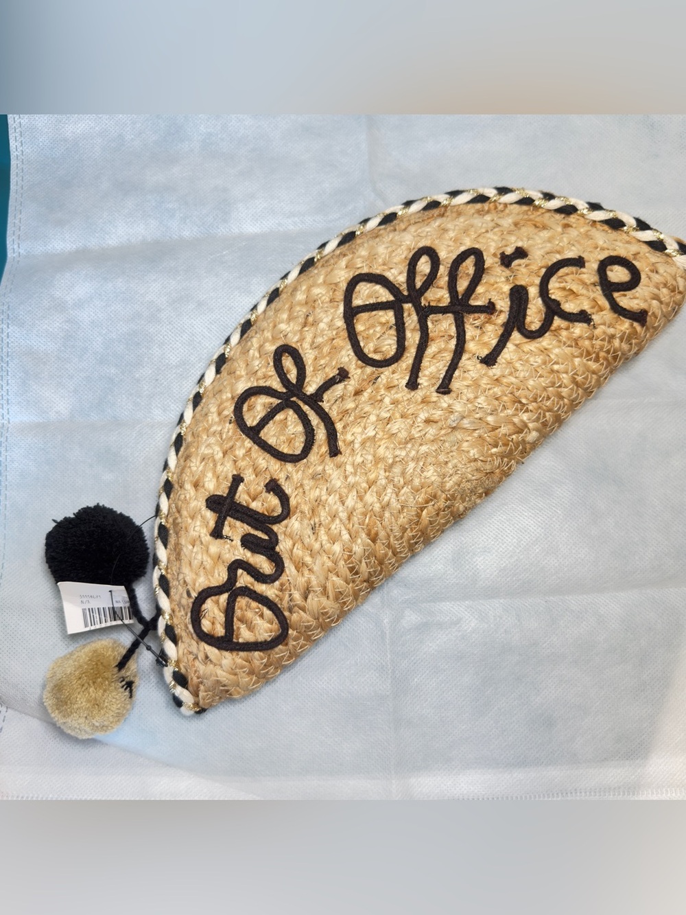 Straw / Jute Classic 'Out of Office' Half-Moon Clutch Bag with 2 Poms